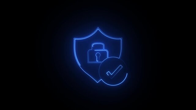 glowing neon blue color lock animation icon security privacy password protection safety animated on black background. 4k motion graphic animation.