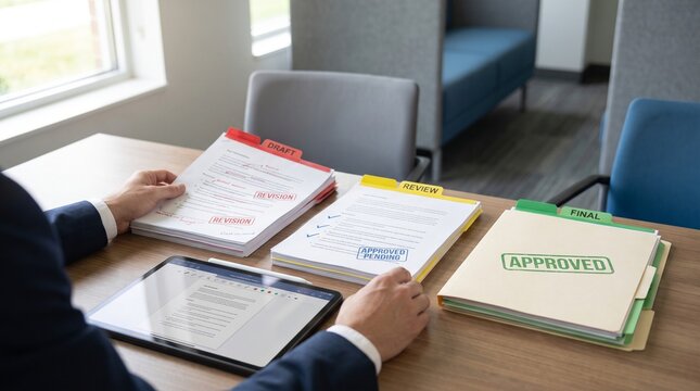 Hands reviewing business documents with tablet and folders signifying workflow and approval process.