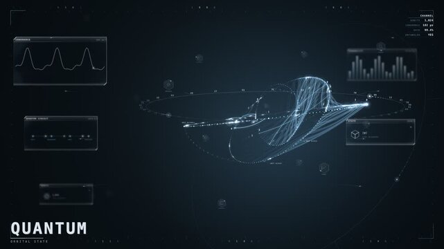 Quantum orbital state HUD with glowing blue qubit ribbon network