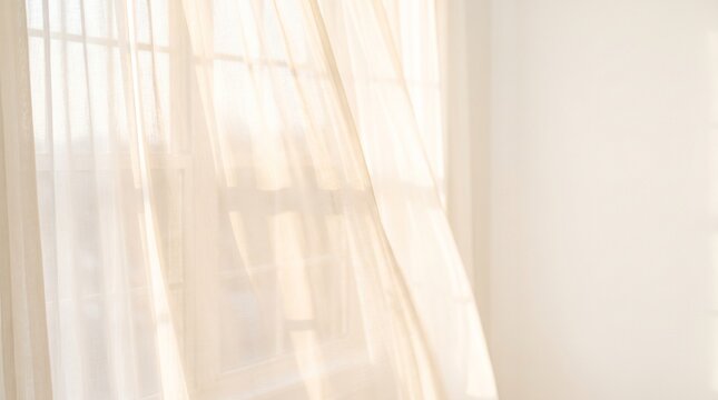 Soft sheer curtains gently blowing in a gentle breeze near a window with sunlight streaming through