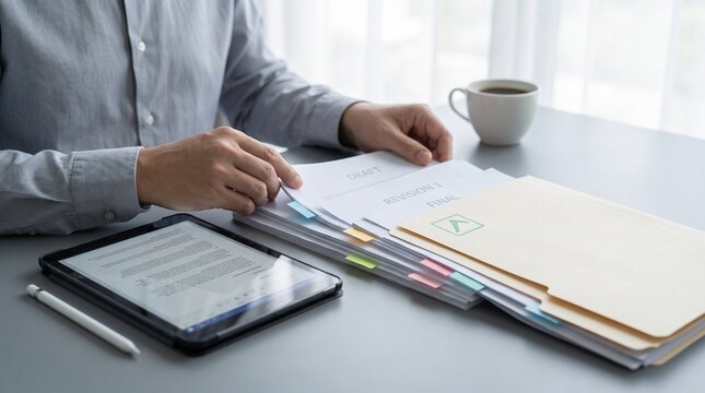 Man with tablet and documents reviewing draft and final stages of business documentation.