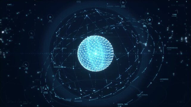 Magenta wireframe globe orbital rings technology motion background