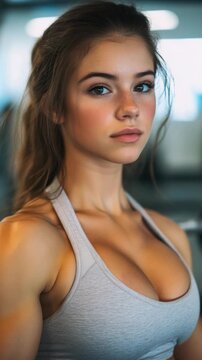 Close-up portrait of a young woman in a gray tank top