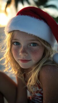 Portrait of a Blonde Girl Wearing a Santa Hat with Glitter