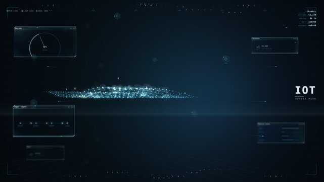 IoT device mesh HUD with glowing teal sensor particle wave motion