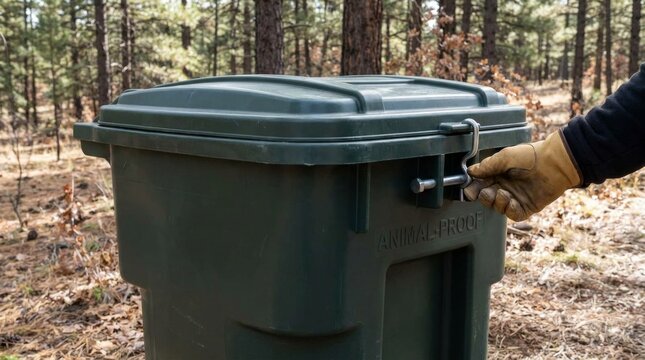 Trash can protection. A trash can lid with a hand lock, protecting it from animals in the forest.