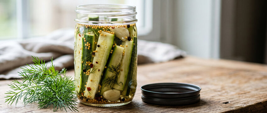 Glass jar with pickled zucchini spears with garlic, dill and mustard seeds on wooden table. Homemade preserves and food preservation. Autumn canning season and harvest concept.
