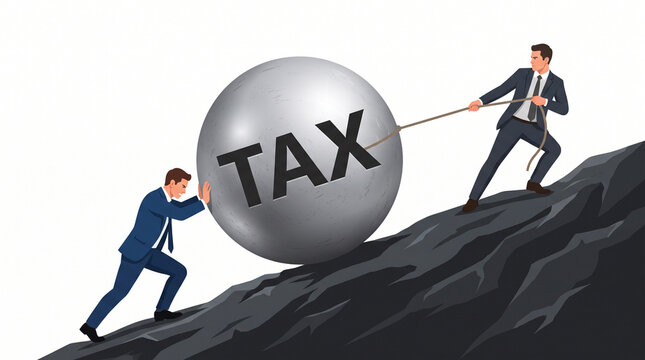 Tax burden concept with business partners pushing and pulling heavy stone sphere uphill, financial struggle and debt metaphor isolated on White Background