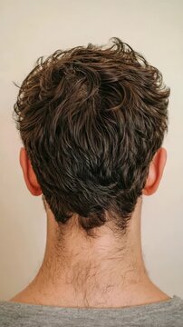 Close-up of the back of a man's head with wavy hair