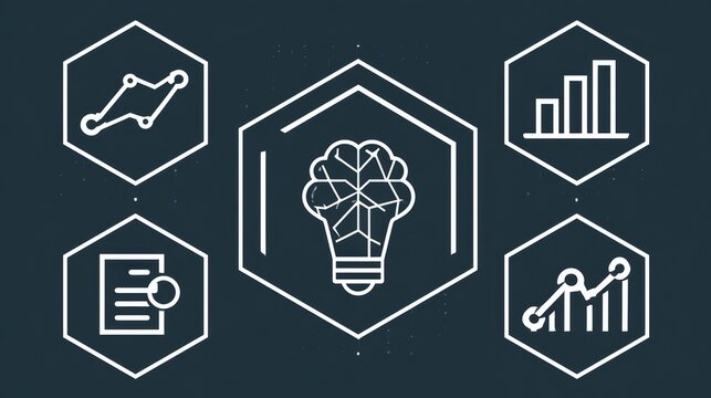 AI, Big Data, and business analytics icons represent the integration of advanced technology in analyzing graphs, business data, and market trends, driving strategic decisions and innovative solutions