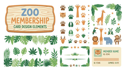 Naklejka premium Zoo membership card design elements set with cute animals and tropical leaves. EPS Editable. Vector Illustrations.