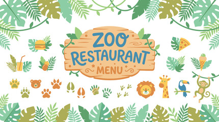 Fototapeta premium Zoo restaurant menu vector illustration with tropical jungle leaves and cute animals. EPS Editable. Vector Illustrations.