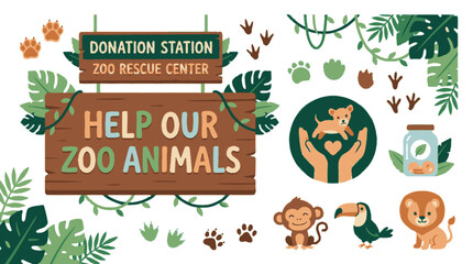 Fototapeta premium Zoo rescue center donation station and help our animals illustration set. EPS Editable. Vector Illustrations.