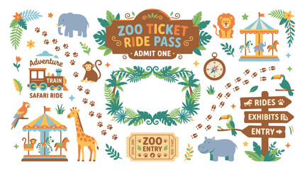 Fototapeta premium Zoo ticket ride pass animals safari elements vector set. EPS Editable. Vector Illustrations.