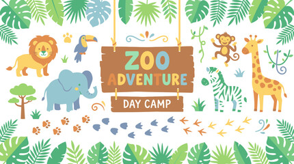 Naklejka premium Cute cartoon zoo animals set with tropical leaves and wooden sign. EPS Editable. Vector Illustrations.