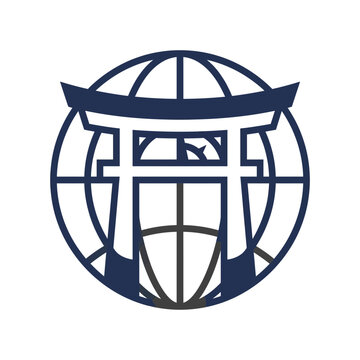 Minimalist Japanese Torii Gate and Global World Map Icon Vector Illustration