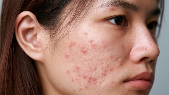 acne on woman face with rash skin, scar, and red skin syndrome allergic to cosmetics, use steroids, dermatology, inflammation, infection, hygiene