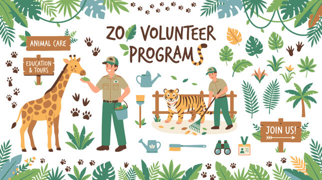 Zoo volunteer program banner design with keepers animals and jungle leaves. EPS Editable. Vector Illustrations.