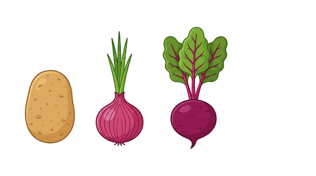 Fresh potato red onion and vibrant beetroot garden vegetables arranged as simple vector icons for culinary projects on transparent background