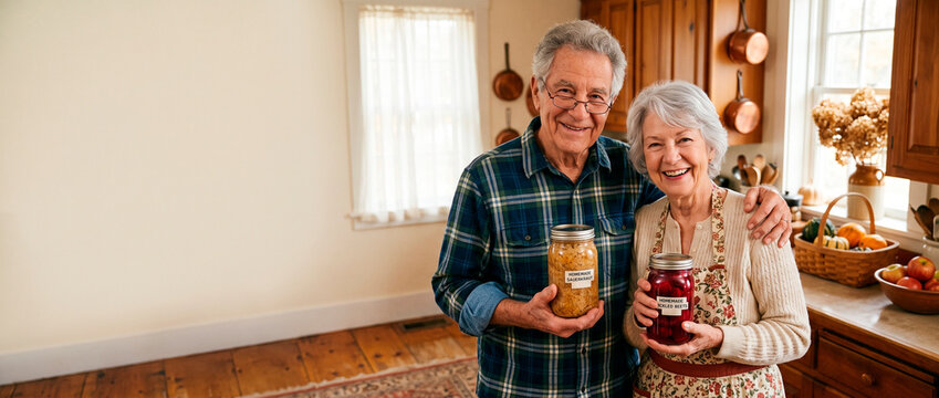 Senior couple holding jars of homemade sauerkraut and pickled beets in kitchen. Happy elderly man and woman preserving autumn harvest. Home canning and family recipe concept.