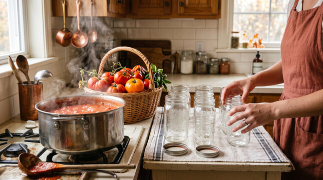 Woman preparing tomato sauce for home canning in rustic kitchen. Fresh tomatoes in basket and empty glass jars on table. Autumn harvest preservation and homemade food concept.