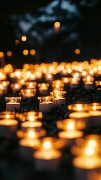 Lit Candles Glowing in the Dark Among Autumn Leaves