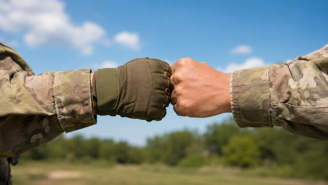 Close Up of Two Soldiers Making Fist Bump Outdoors