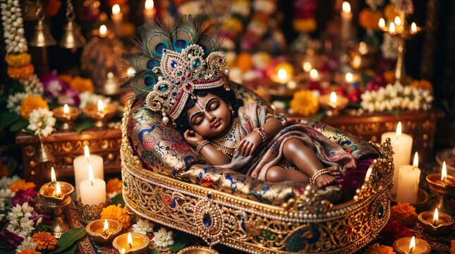 Lord Krishna Idol in Traditional Jhula with Peacock Feathers and Glowing Diyas
