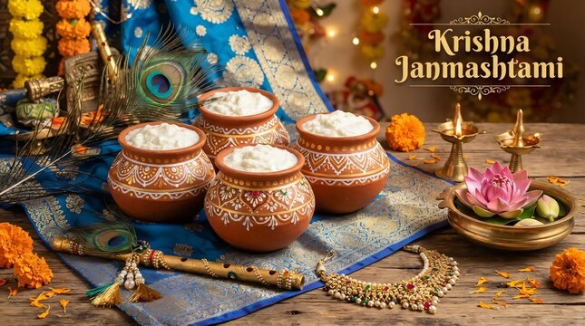 Krishna Janmashtami Celebration with Makhan Matki, Flute and Peacock Feather