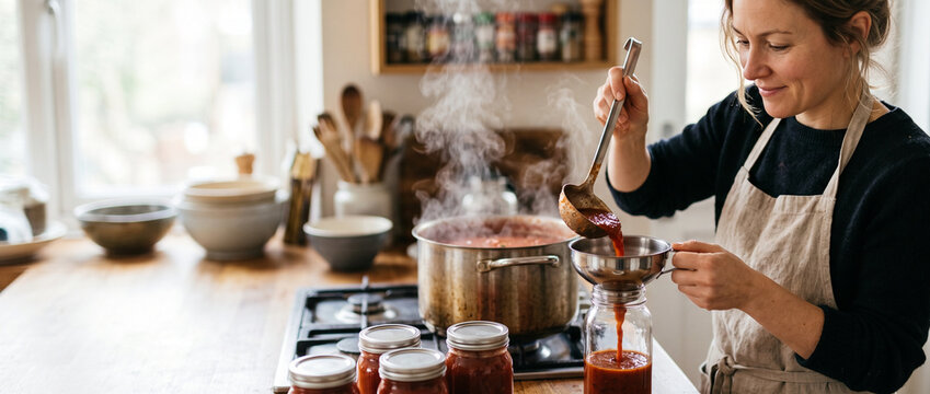 Woman pouring hot tomato sauce through funnel into glass jar while canning at home kitchen. Harvest preservation and homemade winter stocks. Autumn canning season concept.