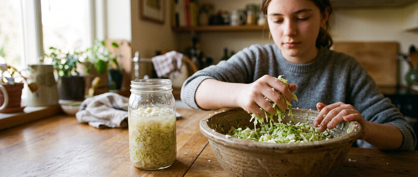 Woman making sauerkraut at home. Girl kneading shredded cabbage with salt in ceramic bowl and glass jar. Fermented food, home canning and harvest preservation for winter stock.