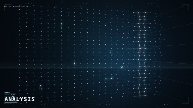 Blue data analysis spine grid with glowing pattern nodes motion