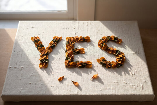 Sunlit Yes Typography Made of Leaves on Textured Canvas