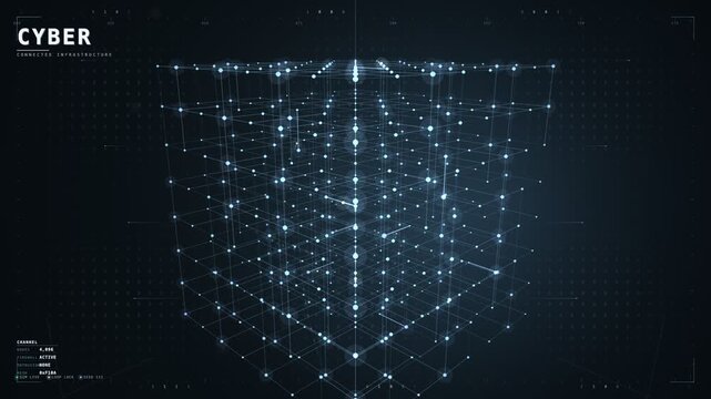Blue cyber infrastructure cube grid with connected nodes motion