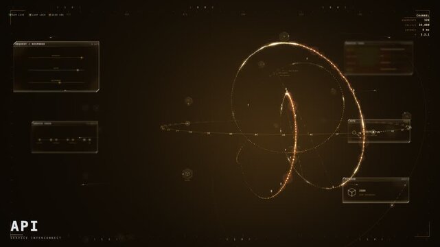 API service interconnect HUD with glowing amber orbiting ring network