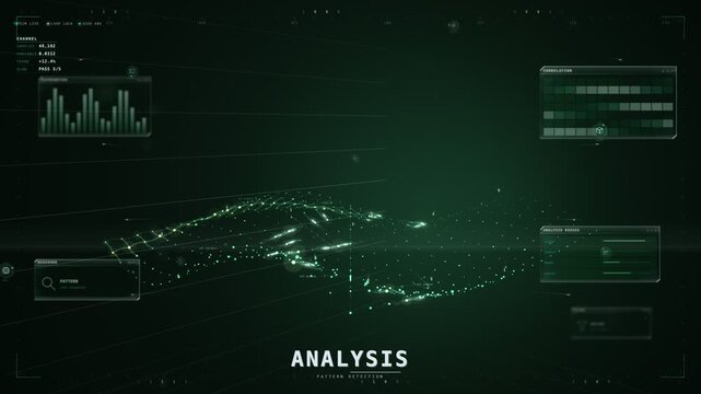 Analysis pattern detection HUD with glowing green data-wave terrain