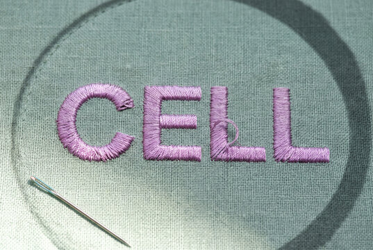 Embroidered Cell Word on Fabric with Needle for Science Concept