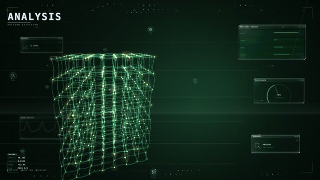 Analysis pattern detection HUD with glowing green particle data