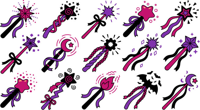 Set of magic wands with stars and crescents in pink and purple vector illustration magic wand star wand fairy wand magical stick moon wand