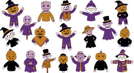 Obraz premium Variety of cute scarecrow characters with pumpkin heads and autumn outfits for halloween design pumpkin head harvest vector scarecrow set