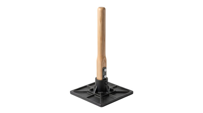 Manual earth rammer with wooden handle, heavy duty steel tamper for soil compaction, construction hand tool for ground leveling