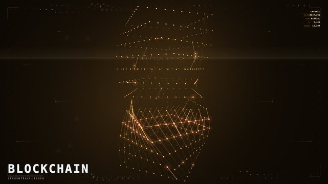 Amber blockchain ledger grid with sequential data blocks motion