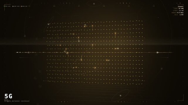 Amber 5G global coverage grid with glowing network cells motion