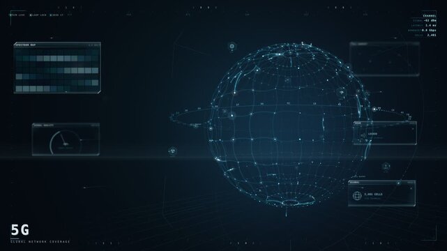 5G global network HUD with glowing wireframe globe and signal