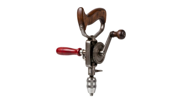 Vintage hand drill with wooden handles, antique manual breast drill tool, rustic metal carpentry equipment on white background