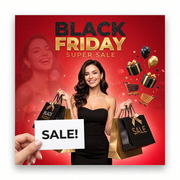 Black Friday super sale banner, smiling woman holding shopping bags on red background, retail discount promotion poster isolated on White Background