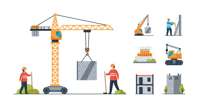 Construction Site Vector Illustration Set with Cranes, Workers, and Building Development