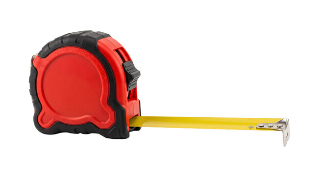 Professional retractable tape measure, red and black construction measuring tool, yellow steel ruler for carpentry and DIY projects