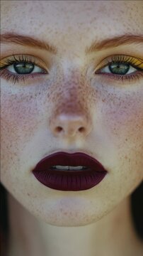 Extreme Close-up of Woman with Freckles and Dark Red Lipstick