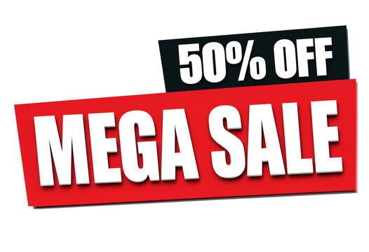 Bright red and black mega sale banner with fifty percent off discount text isolated